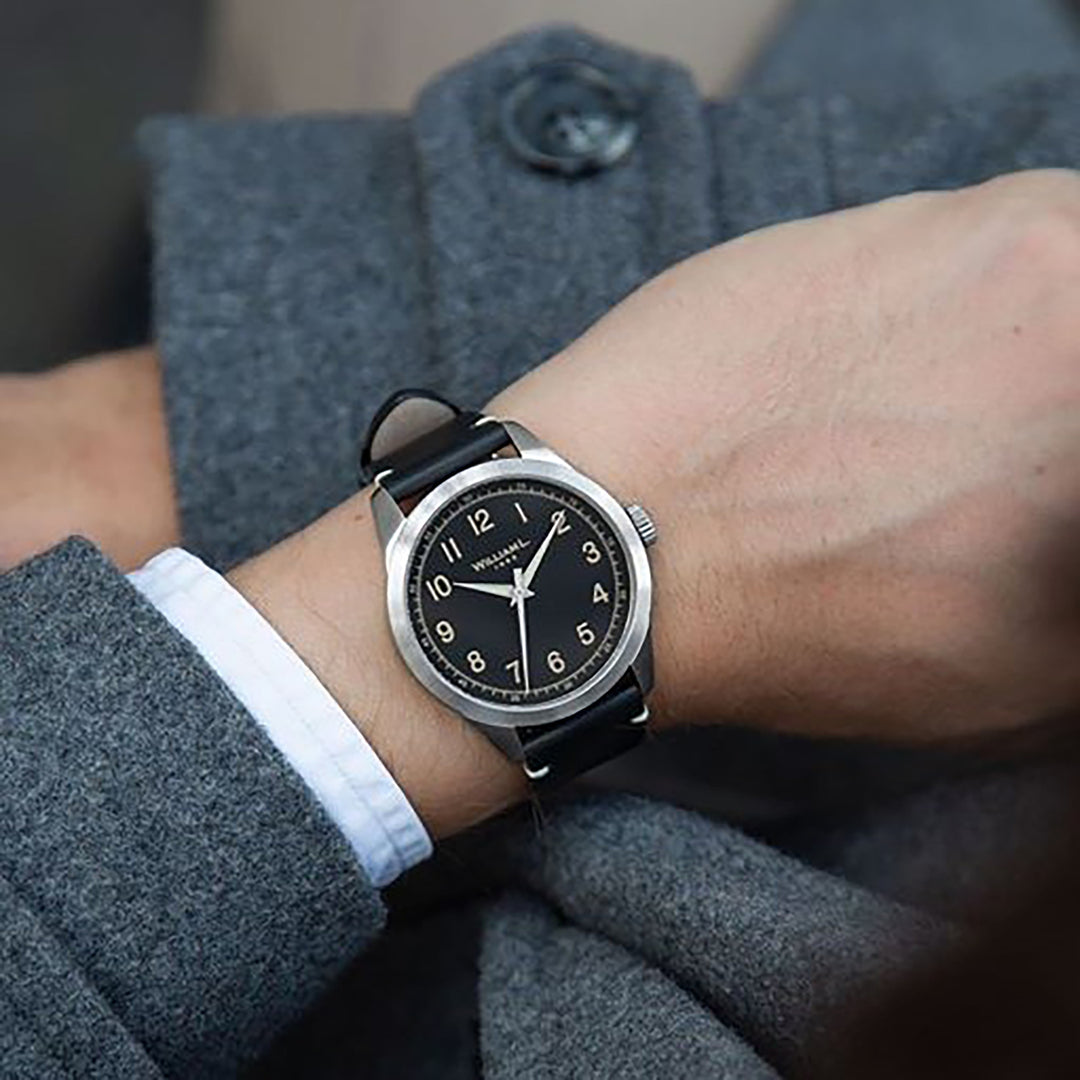 William L. 1985 | 3 Hands -Stainless Steel full Brushed-Black Leather white Stitching