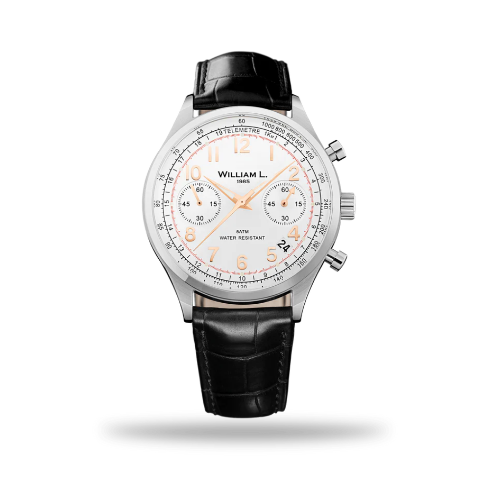William L. 1985 | Vintage Style Chronograph - White Dial & Black ‘Croco’ Strap