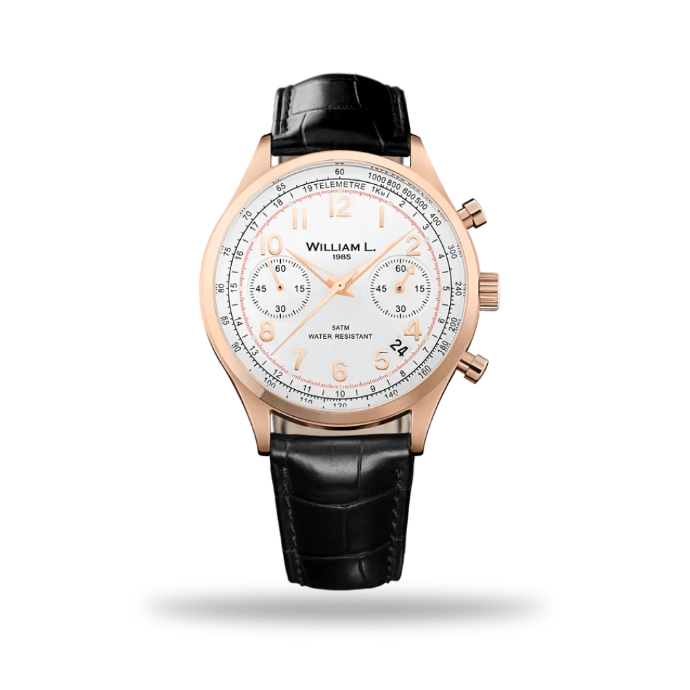 William L. 1985 | Vintage Style Chronograph - IP Rose Gold with White Dial & Black ‘Croco’ Strap