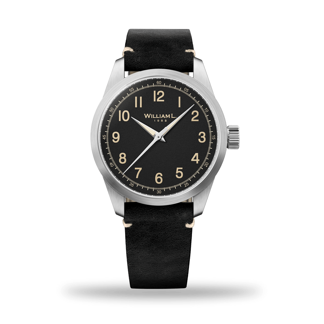 William L. 1985 | 3 Hands -Stainless Steel full Brushed-Black Leather white Stitching