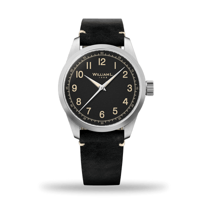 William L. 1985 | 3 Hands -Stainless Steel full Brushed-Black Leather white Stitching