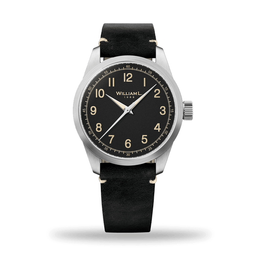 William L. 1985 | 3 Hands -Stainless Steel full Brushed-Black Leather white Stitching