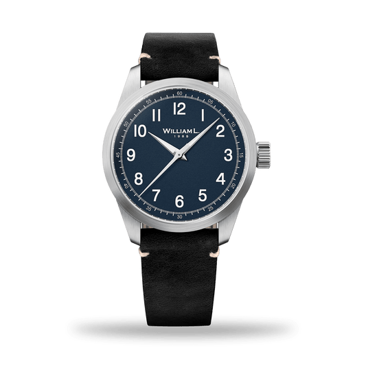 William L. 1985 | 3 Hands -Stainless Steel full Brushed-Black Leather white Stitching