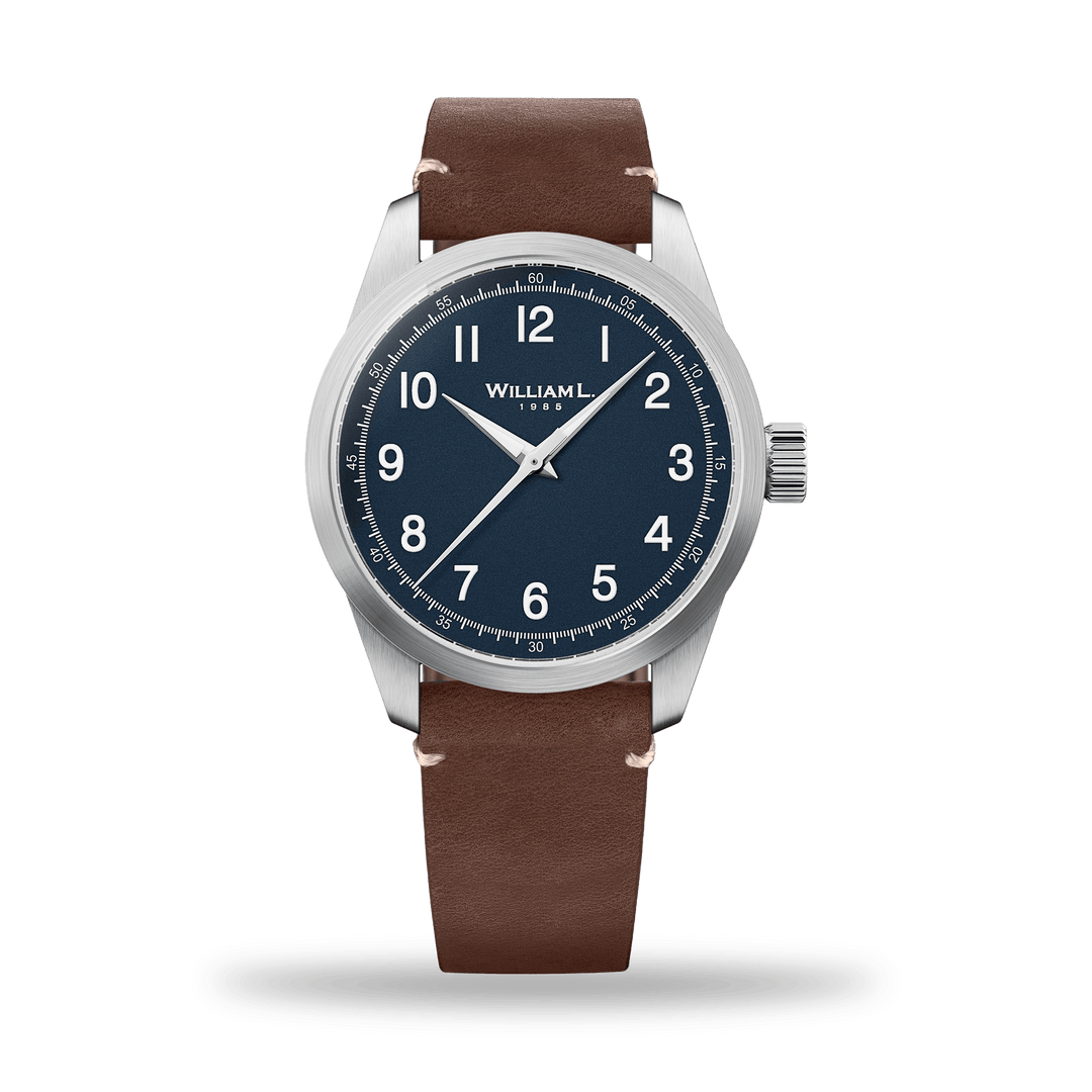 William L. 1985 | 3 Hands -Stainless Steel full Brushed-Brown Leather white Stitching