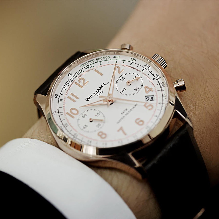 William L. 1985 | Vintage Style Chronograph - IP Rose Gold with White Dial & Black ‘Croco’ Strap