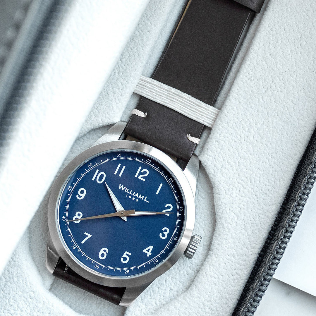 William L. 1985 | 3 Hands -Stainless Steel full Brushed-Black Leather white Stitching