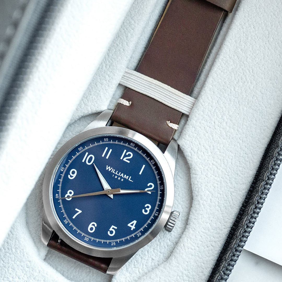 William L. 1985 | 3 Hands -Stainless Steel full Brushed-Brown Leather white Stitching