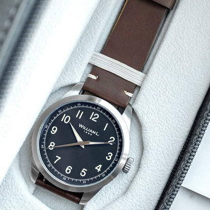 William L. 1985 | 3 Hands -Stainless Steel full Brushed-Brown Leather white Stitching