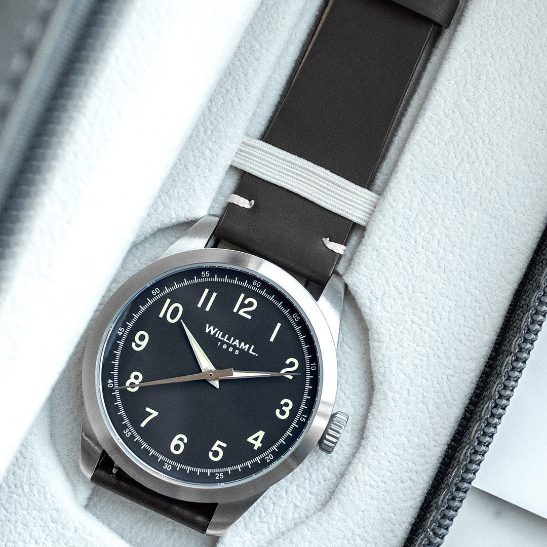 William L. 1985 | 3 Hands -Stainless Steel full Brushed-Black Leather white Stitching