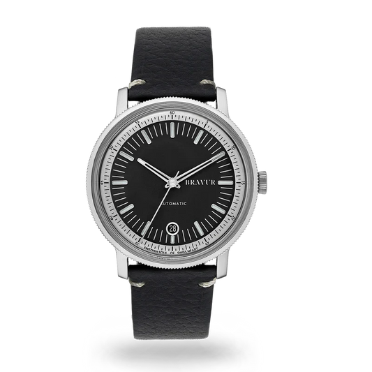 Bravur | Bw003 - Black Dial - Black With Contrast Stitching Leather