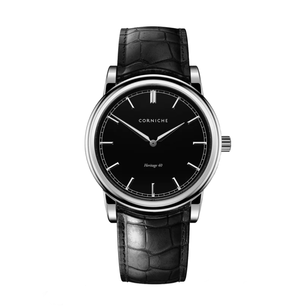 Corniche | Heritage 40 - Stainless Steel / Black Leather – TIME ZONE